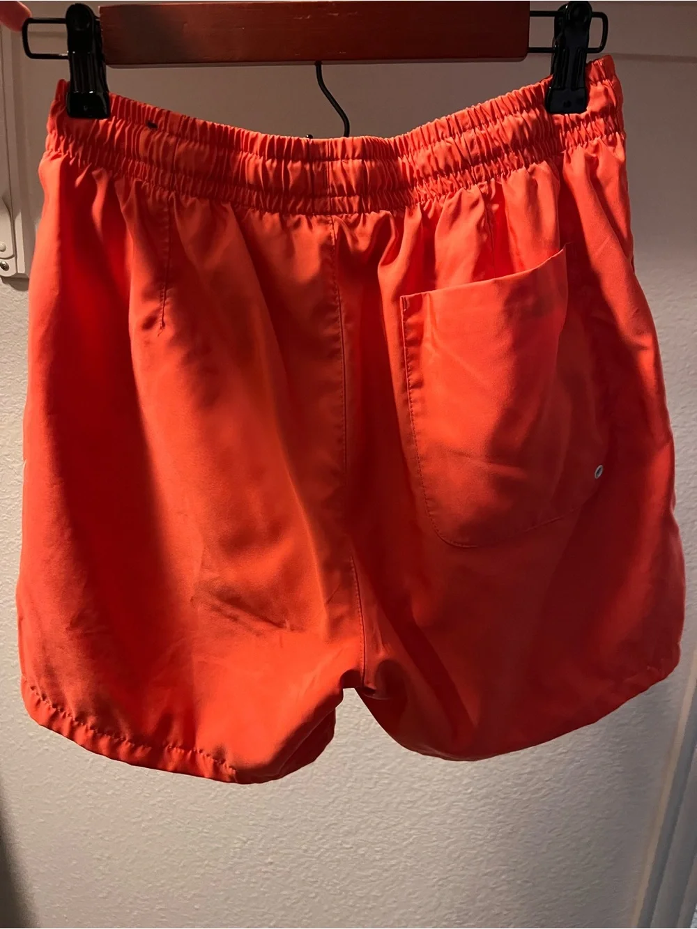 Nike Coral Orange Athletic Swim Shorts with White Swoosh. Size Small